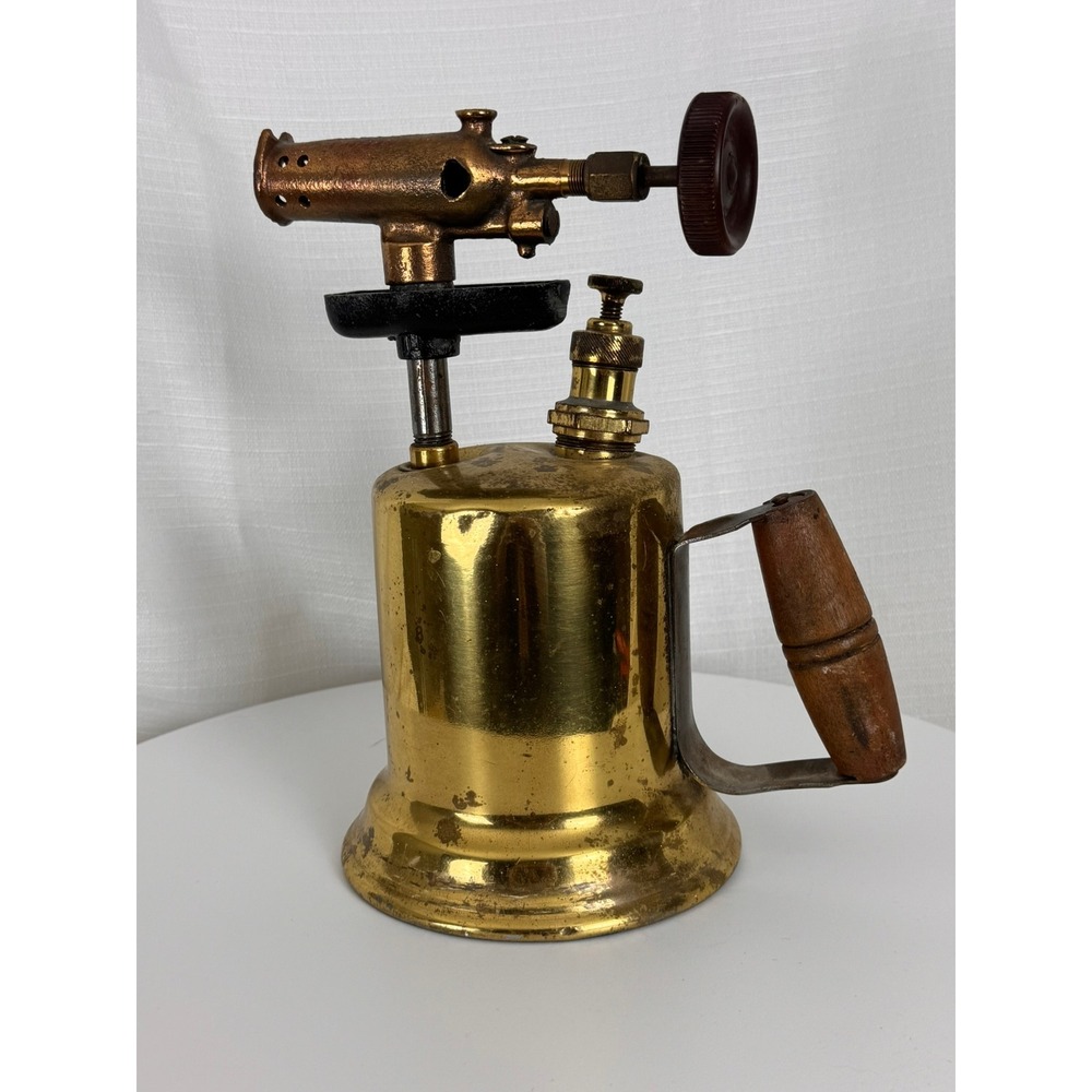 Vintage Brass Gasoline Blowtorch Wooden Handle Industrial Tool Decor